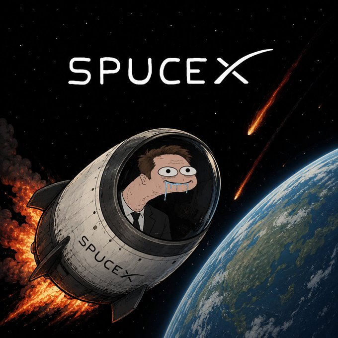 Drooling cartoon Elon inside a flaming SPUCEX rocket capsule plummeting toward Earth
